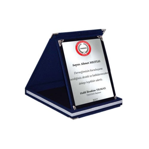 Customized Luxury Boxed Plaque Award - Metal Plaque with Red and Blue Velvet Bag