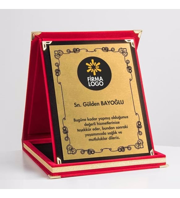 Customized Luxury Boxed Plaque Award - Metal Plaque with Red and Blue Velvet Bag