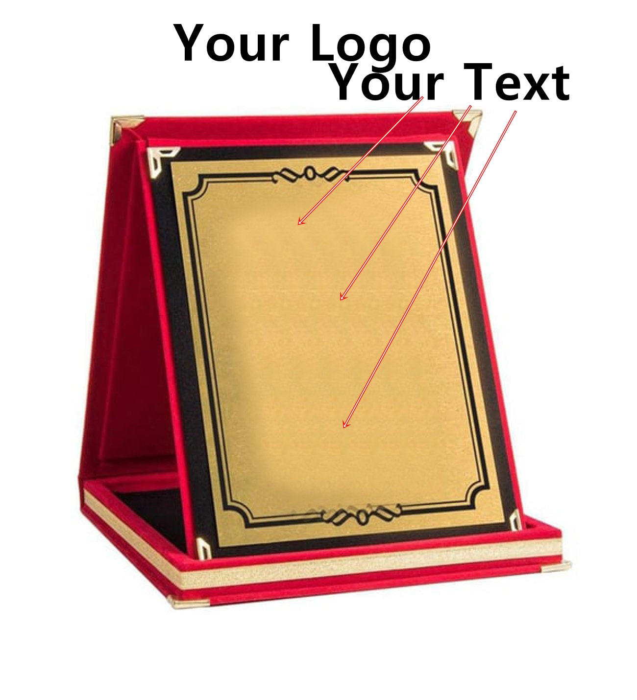 Customized Luxury Boxed Plaque Award - Metal Plaque with Red and Blue Velvet Bag