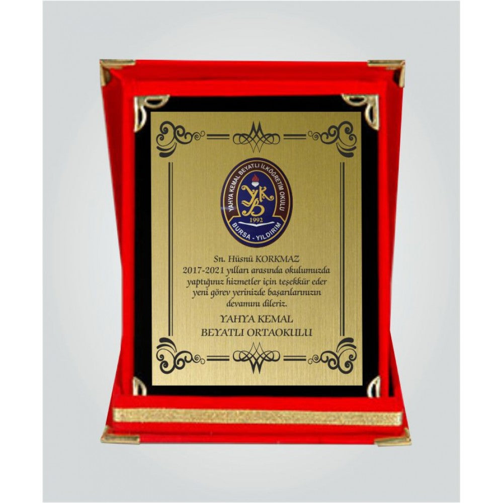 Customized Luxury Boxed Plaque Award - Metal Plaque with Red and Blue Velvet Bag