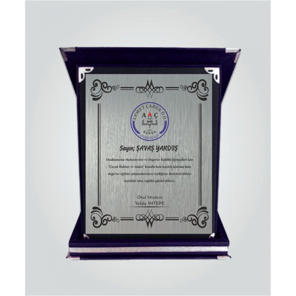 Customized Luxury Boxed Plaque Award - Metal Plaque with Red and Blue Velvet Bag