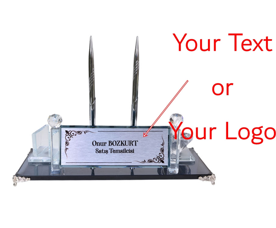 Personalized Crystal Desk Name Plate and Dual Silver Pen Set - Office Gift with Clock - Corporate Gift