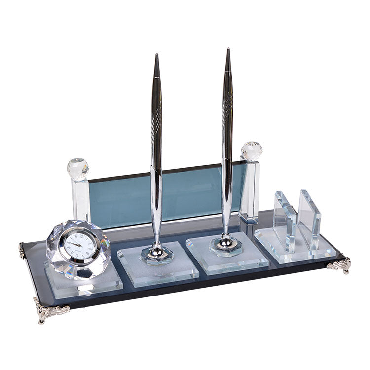 Personalized Crystal Desk Name Plate and Dual Silver Pen Set - Office Gift with Clock - Corporate Gift