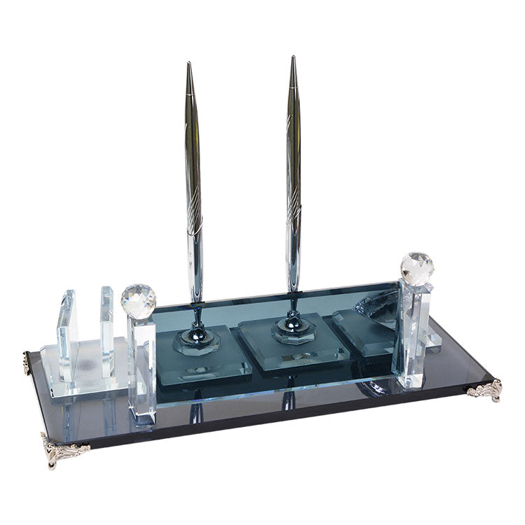Personalized Crystal Desk Name Plate and Dual Silver Pen Set - Office Gift with Clock - Corporate Gift