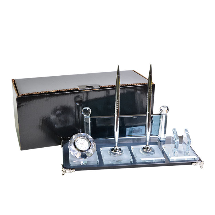 Personalized Crystal Desk Name Plate and Dual Silver Pen Set - Office Gift with Clock - Corporate Gift