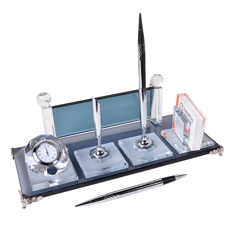 Personalized Crystal Desk Name Plate and Dual Silver Pen Set - Office Gift with Clock - Corporate Gift