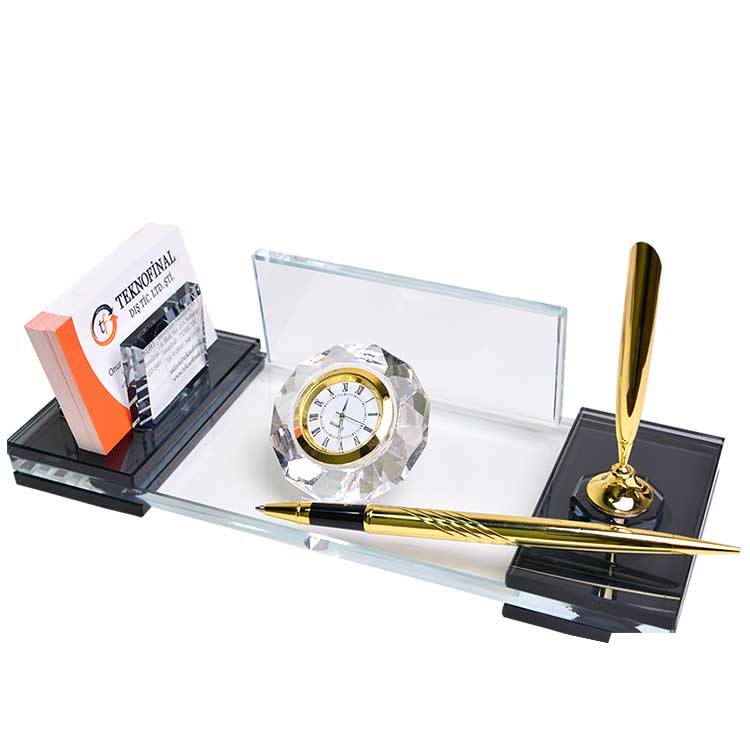 Personalized Crystal Desk Name Plate and Pen Set - Office Gift with Clock and Metal Accessories - Corporate Gift