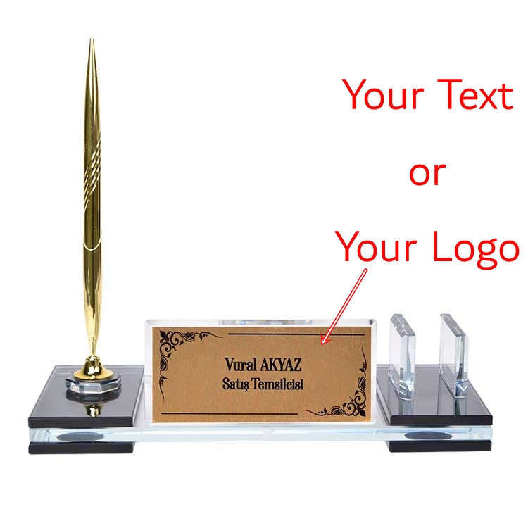 Personalized Crystal Desk Name Plate and Pen Set - Office Gift with Clock and Metal Accessories - Corporate Gift