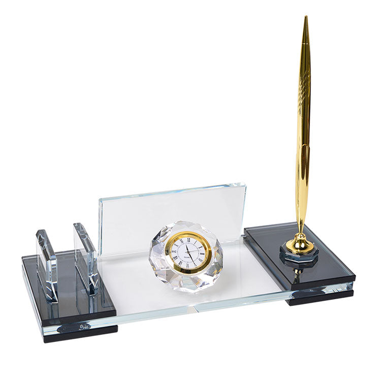 Personalized Crystal Desk Name Plate and Pen Set - Office Gift with Clock and Metal Accessories - Corporate Gift