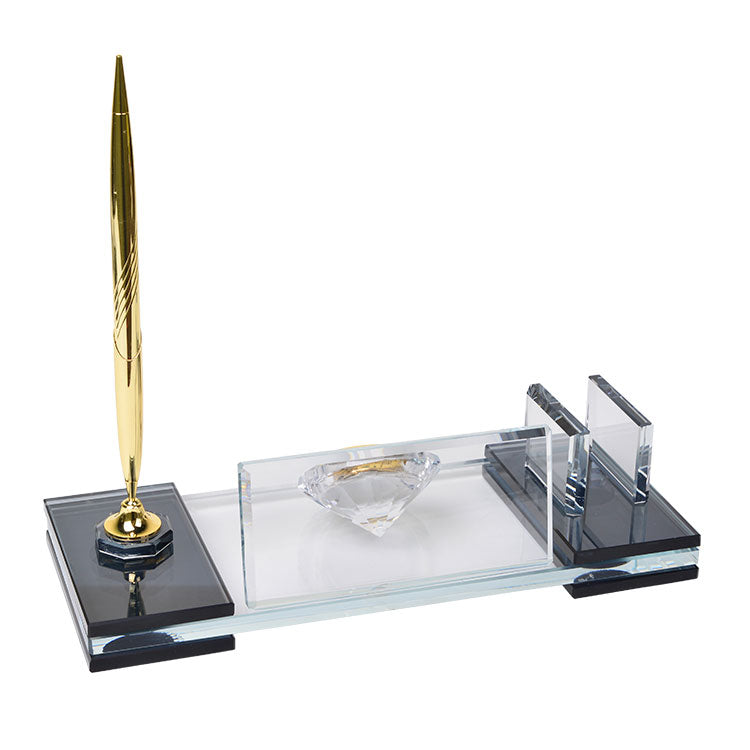 Personalized Crystal Desk Name Plate and Pen Set - Office Gift with Clock and Metal Accessories - Corporate Gift