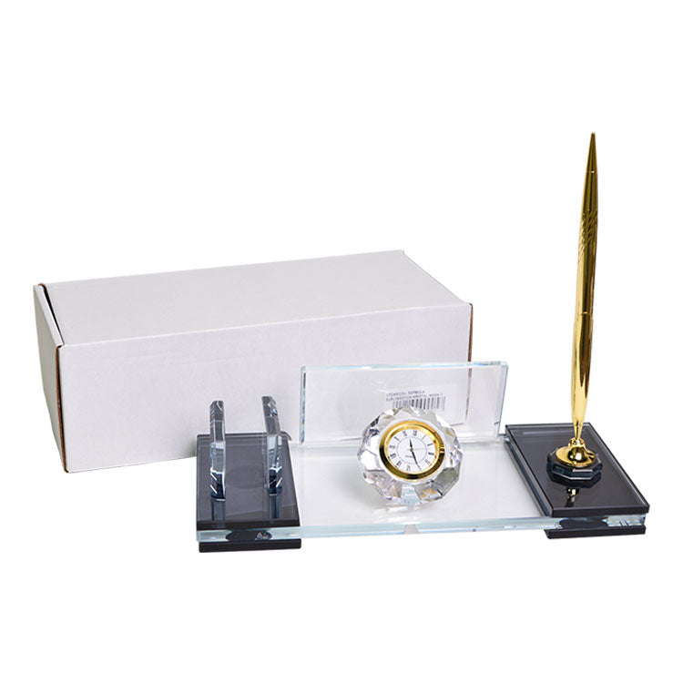 Personalized Crystal Desk Name Plate and Pen Set - Office Gift with Clock and Metal Accessories - Corporate Gift